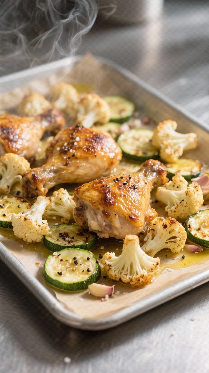 Cooking process — Sheet Pan Dinner: Golden, roasted chicken thighs nestled with caramelized caulif