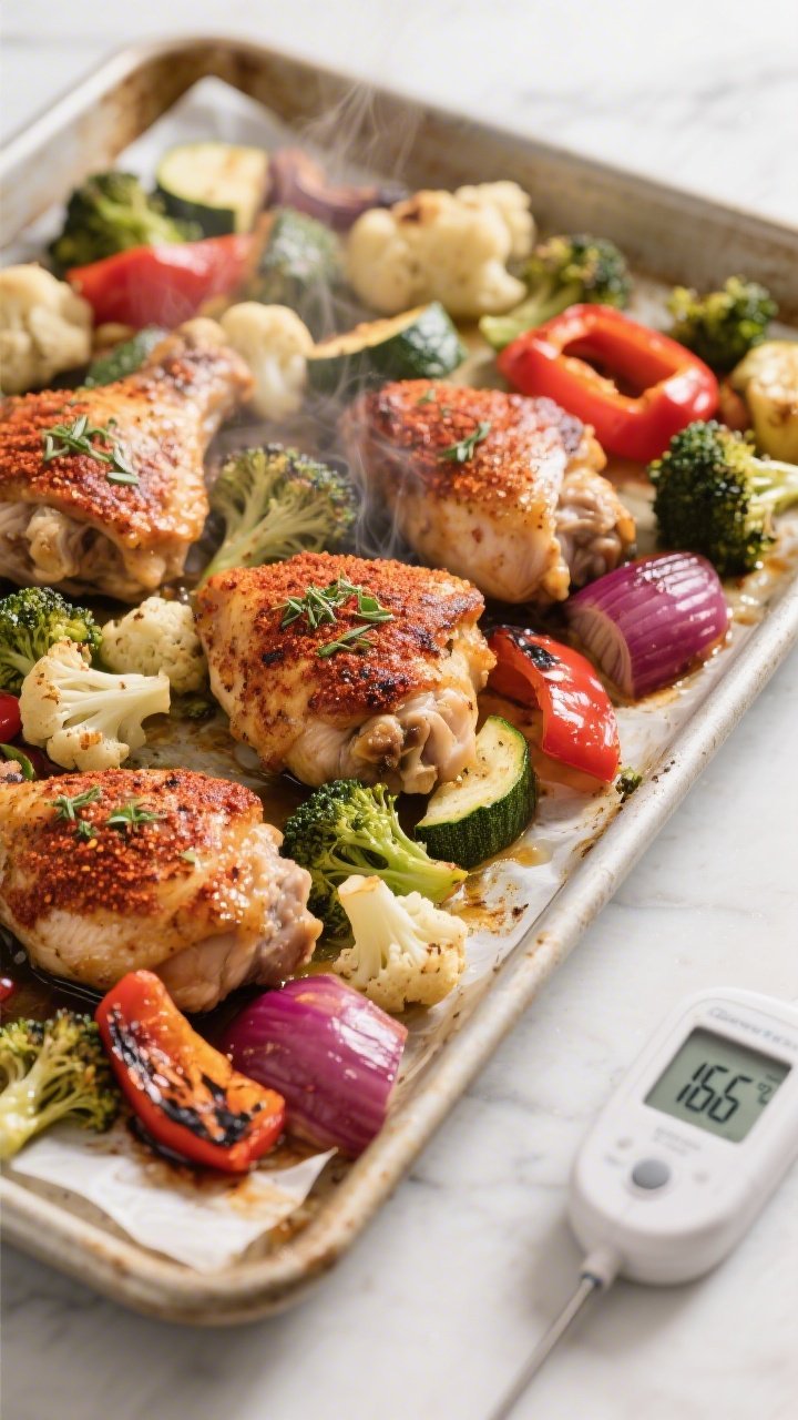 Cooking process: Sheet-pan roasted chicken thighs and mixed low-carb veggies at peak doneness, chick