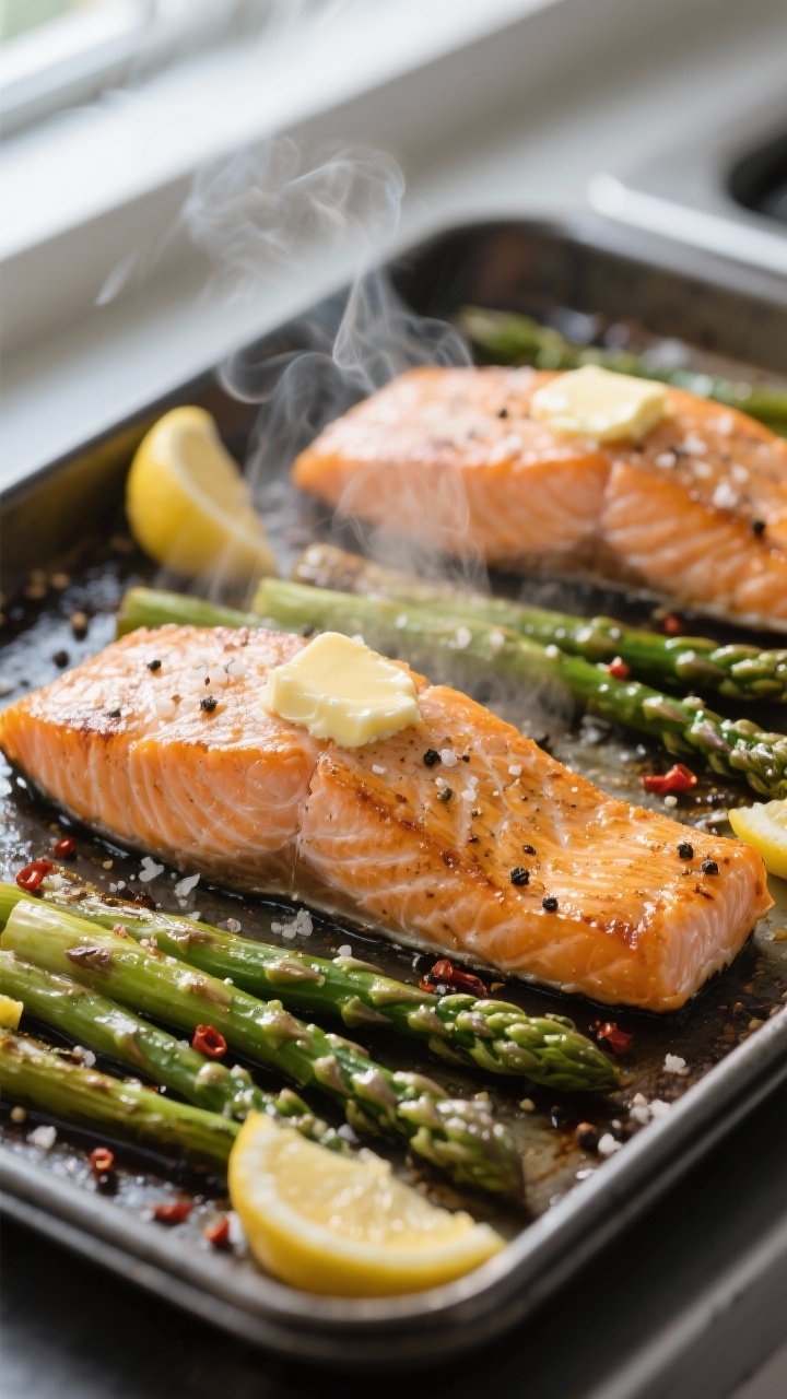 Cooking process: Sheet-pan salmon with asparagus being roasted — golden salmon fillets with crispe