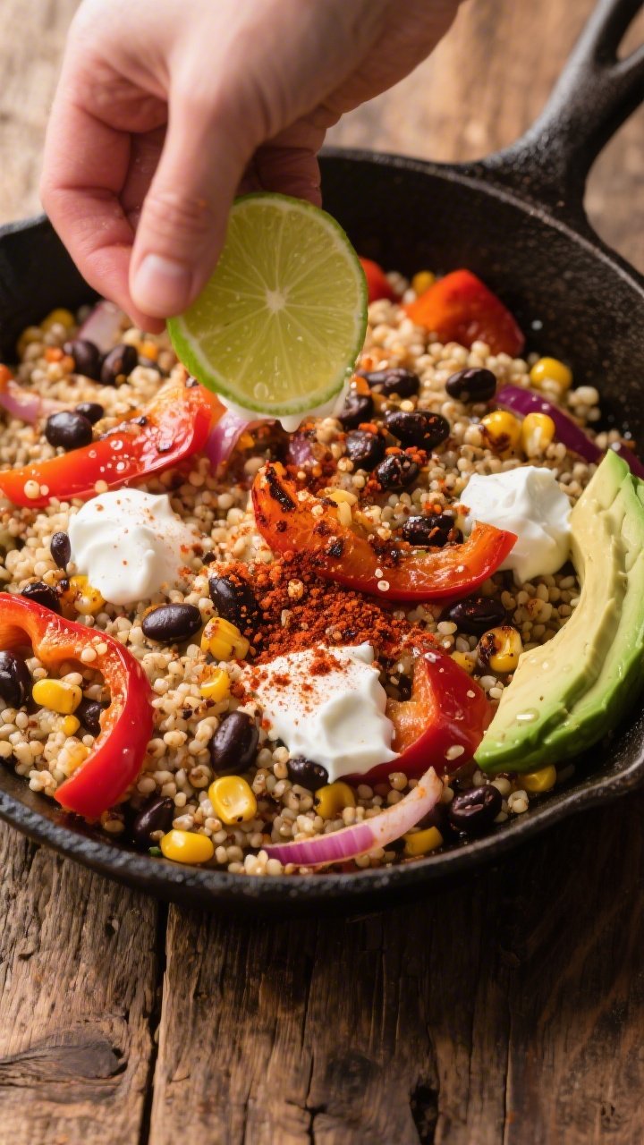 Cooking process: Spicy Southwest Skillet in action—sautéed quinoa tossed with caramelized bell pe