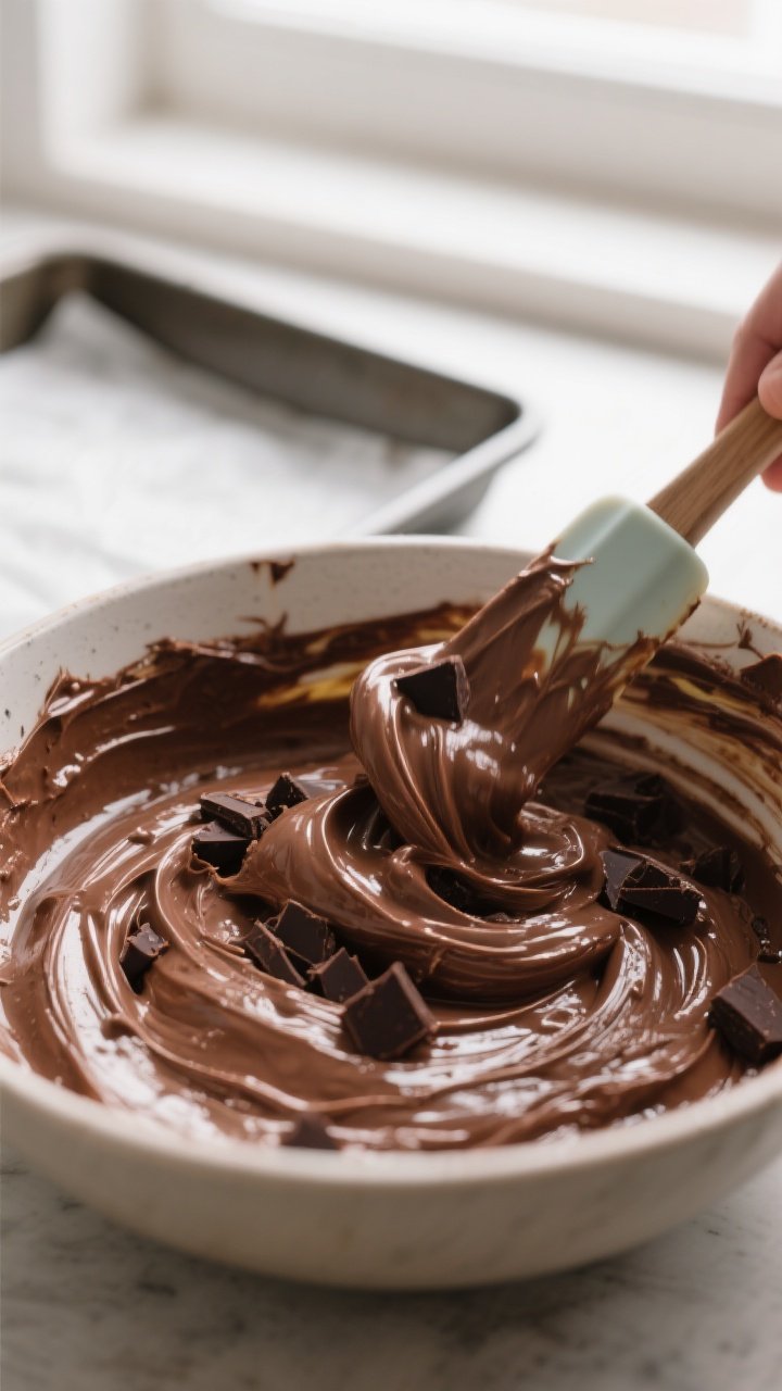 Cooking process: Thick, shiny brownie batter being folded with a spatula in a bowl, showing ribbons 