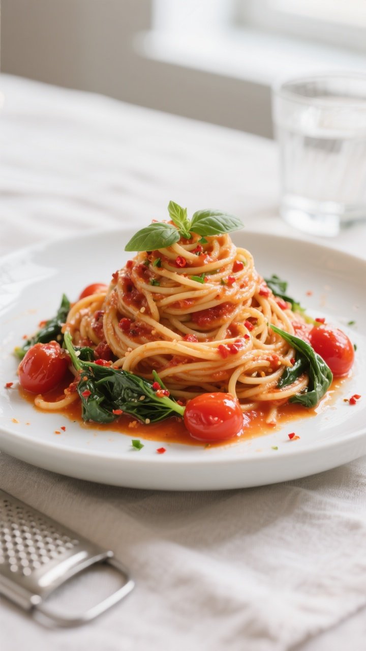 Final dish, beautifully plated: Creamy tomato pasta twirled into a high nest on a matte white shallo