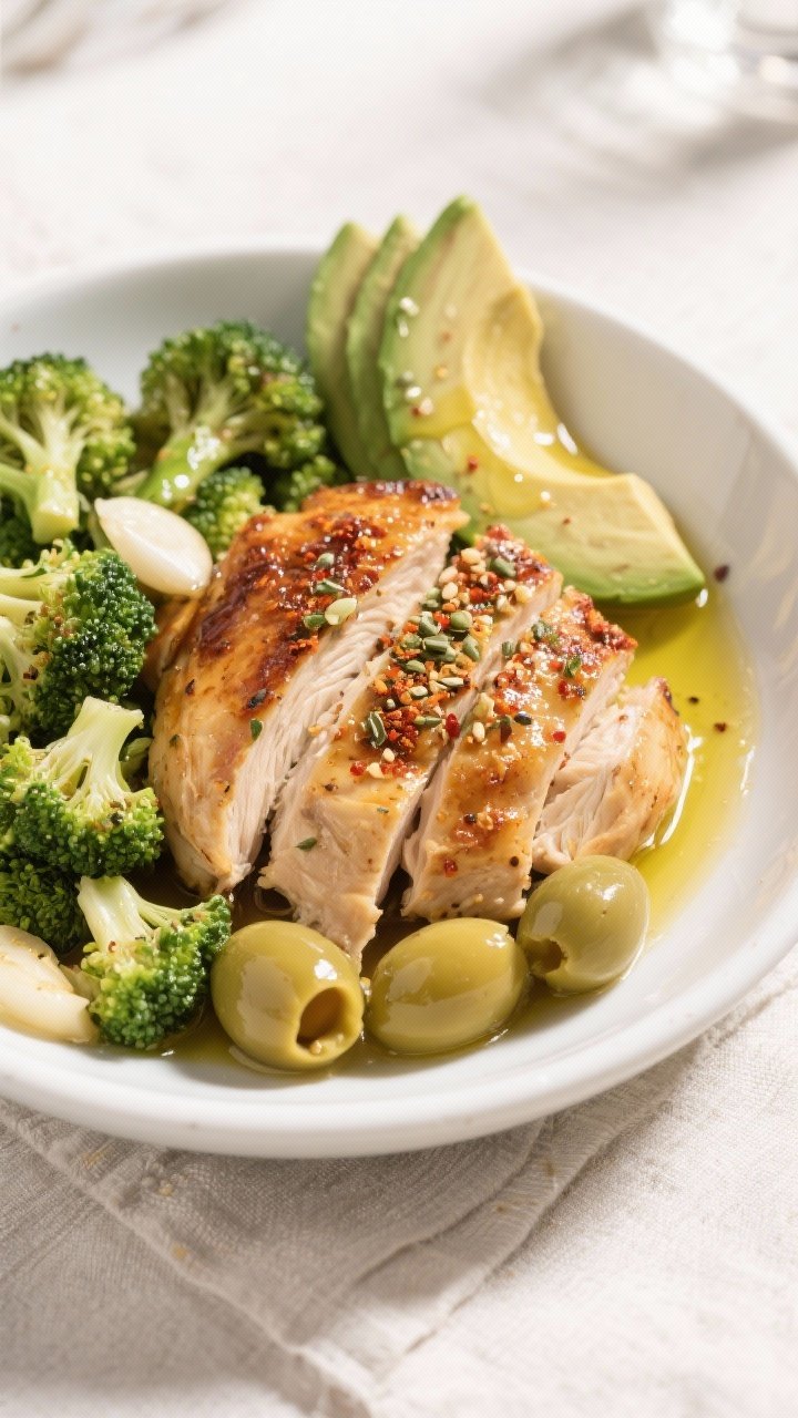 Final dish: Beautifully plated rotisserie chicken bowl with sautéed broccoli and olive oil drizzle 