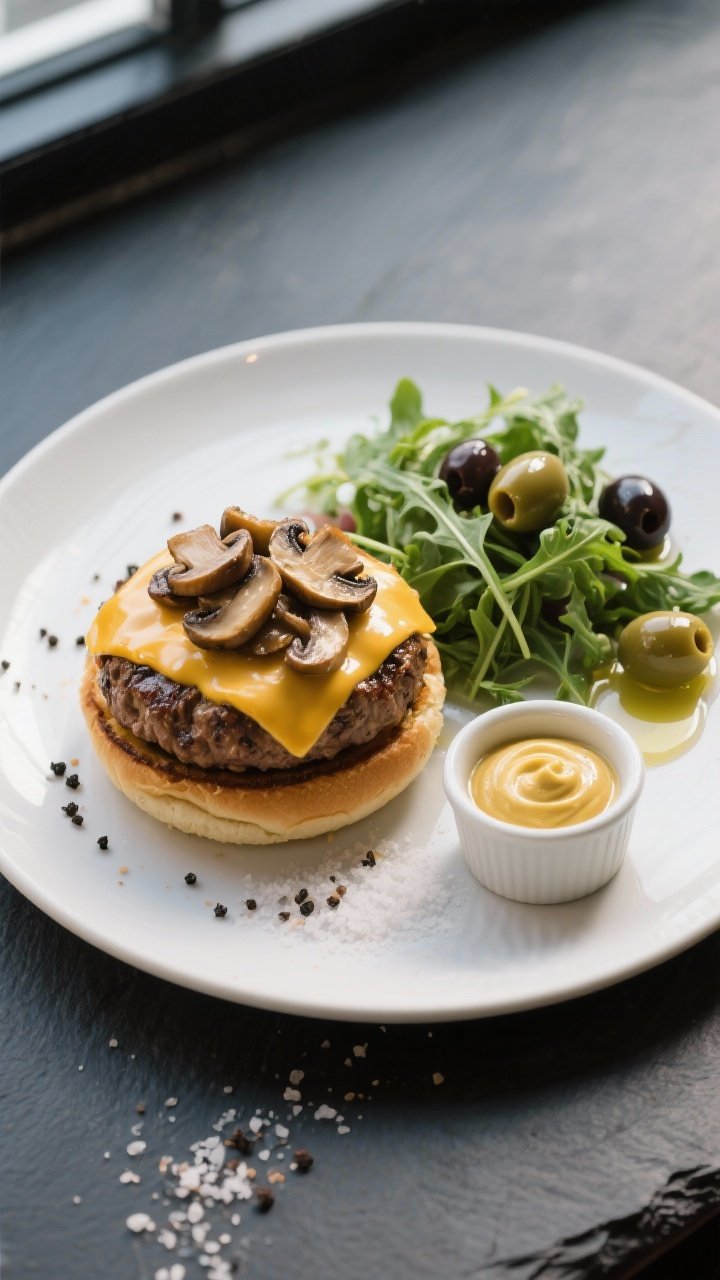 Final dish, plated: Beautifully plated bunless cheeseburger topped with melted cheddar and sautéed 