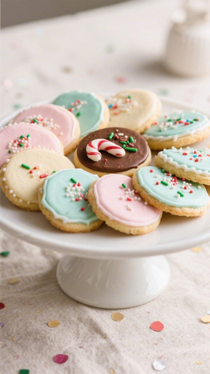 Final dish presentation: Bakery-style platter of decorated sugar cookies arranged in a single layer 