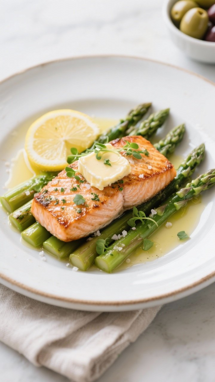 Final dish presentation: Beautifully plated keto salmon + asparagus + butter plate—pan-seared salm