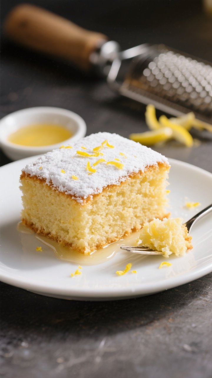 Final dish presentation: Beautifully plated Lemon Sugar Cake square on a simple white plate, top gli