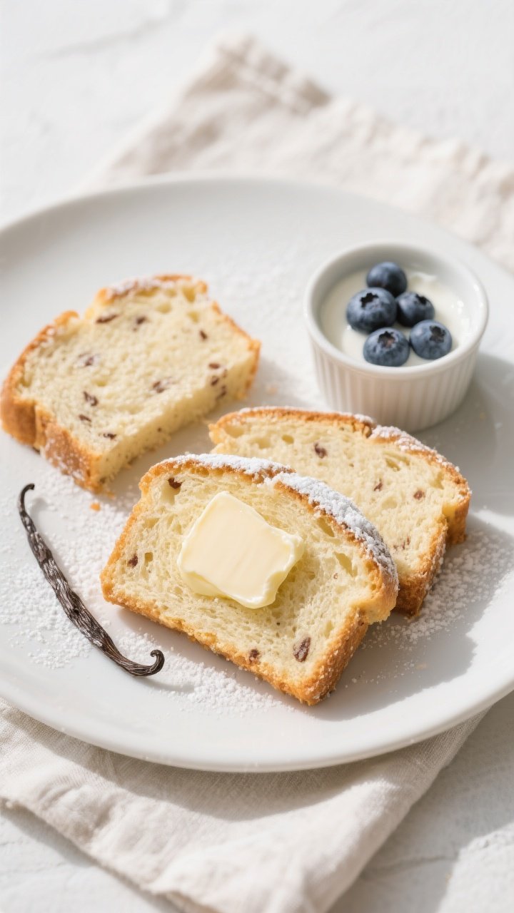 Final dish presentation: Beautifully plated simple vanilla loaf slices on a matte white plate, tende
