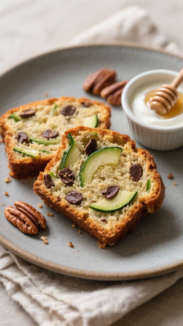 Final dish presentation: Beautifully plated slices of moist zucchini bread on a matte ceramic plate,