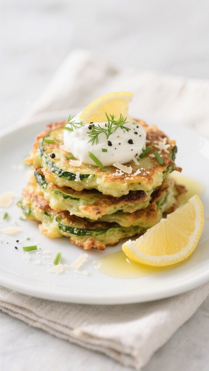 Final dish presentation: Beautifully plated zucchini fritters stacked and fanned on a matte white pl