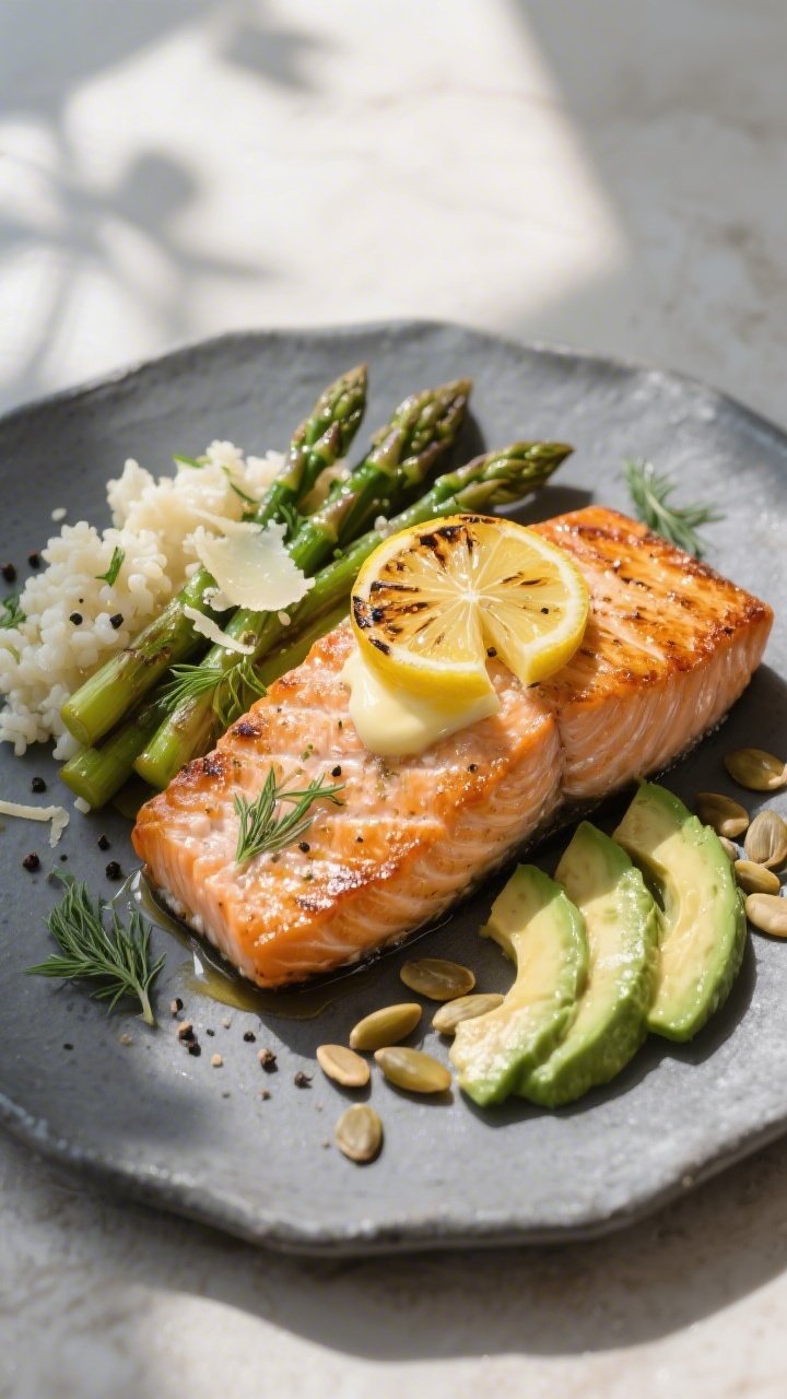 Final dish presentation: Lemon-dill salmon keto plate—salmon fillet with crisped skin, butter glos