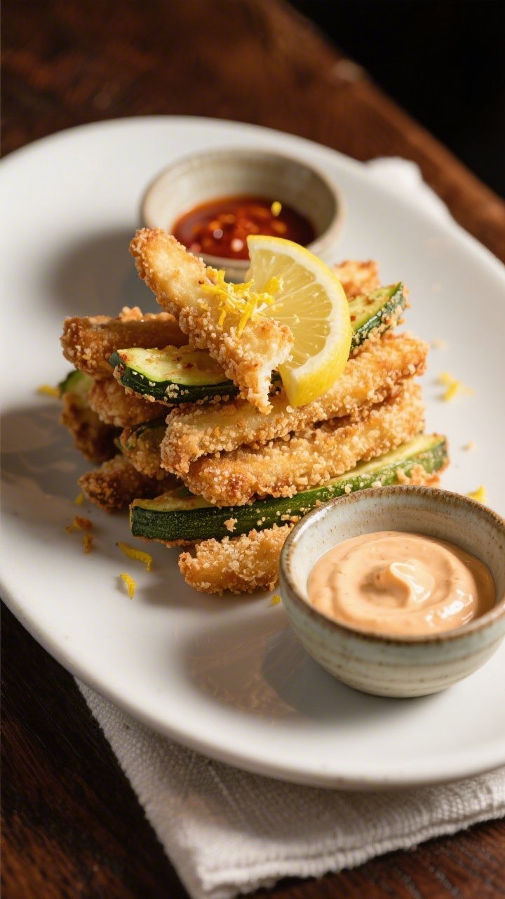 Final dish presentation: Restaurant-quality plate of zucchini fries stacked in a neat pile on a matt