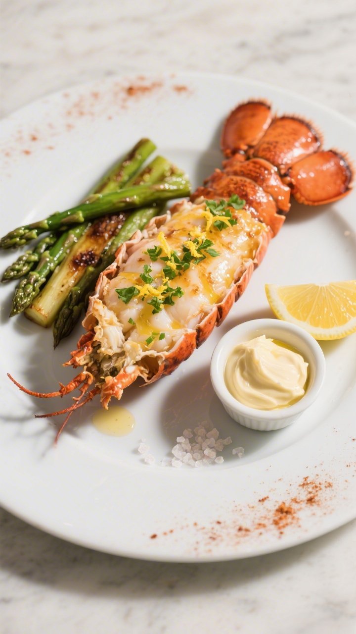 Final dish presentation: Restaurant-quality plated lobster tail on a matte white plate, meat perched
