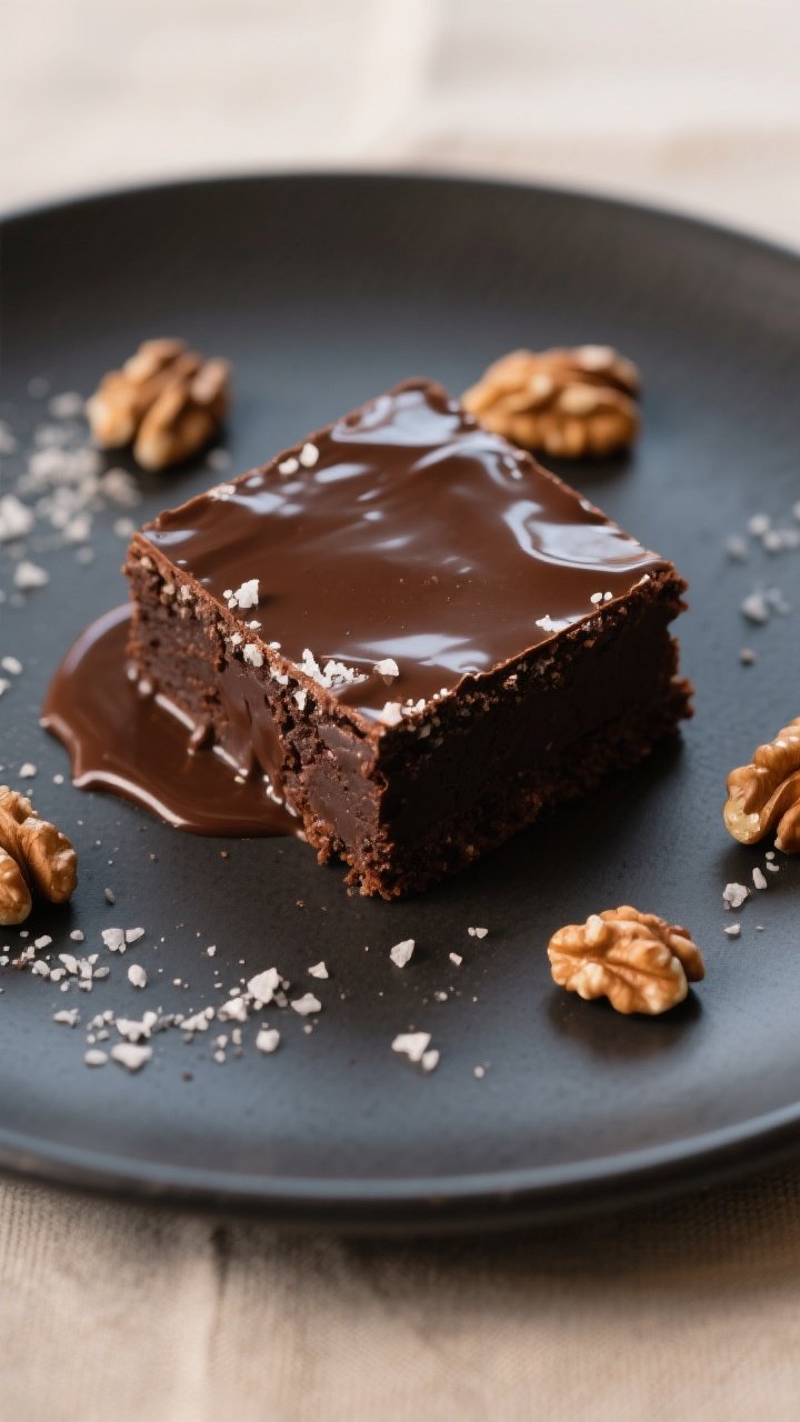 Final dish presentation: Restaurant-quality plated brownie square with a clean, sharp edge and fudgy