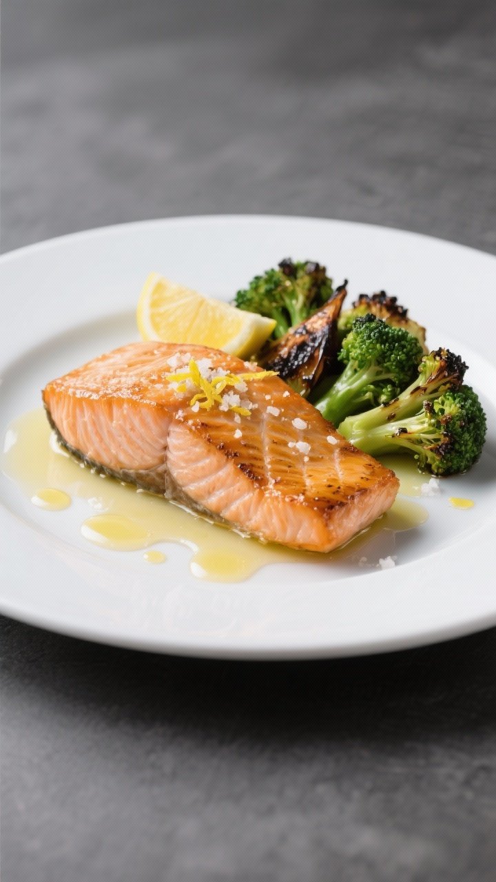 Final dish — Salmon and Broccoli: Beautifully plated baked salmon fillet with butter-lemon glaze p