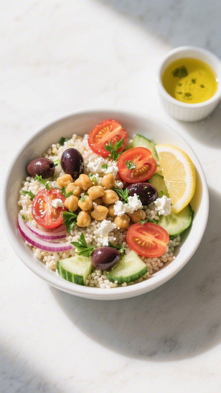 Final dish top view: Mediterranean Power Bowl beautifully plated—fluffy white quinoa base topped w