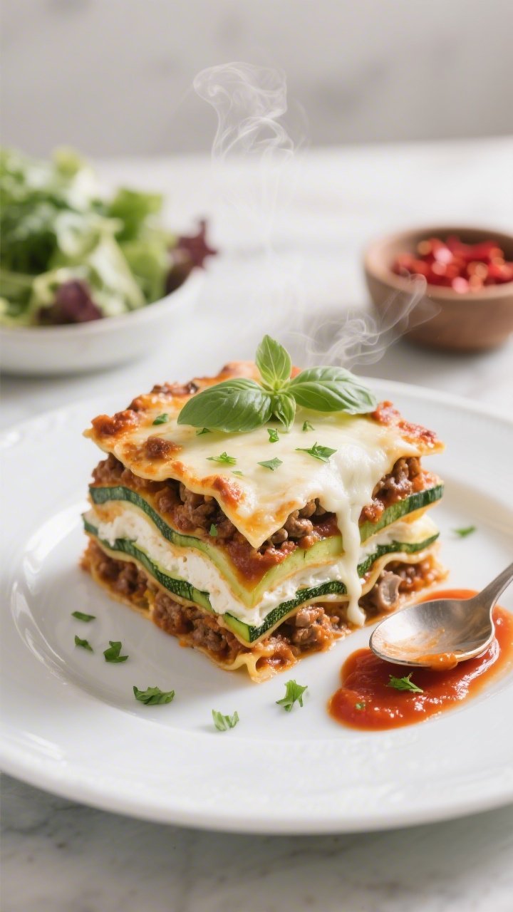 Final plated, close-up slice: A clean, tall slice of zucchini lasagna on a white ceramic plate, dist