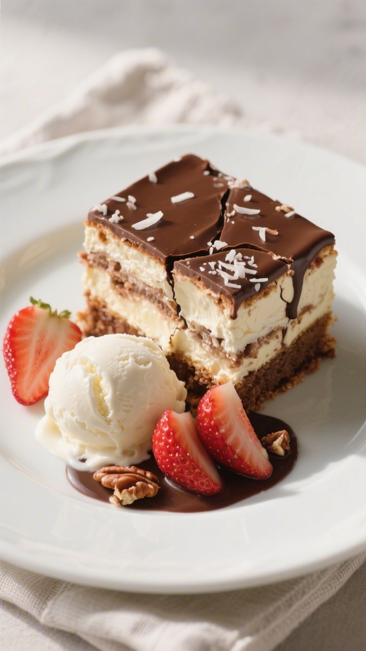 Final plated dessert presentation: a generous square of Strawberry Earthquake Cake on a simple white