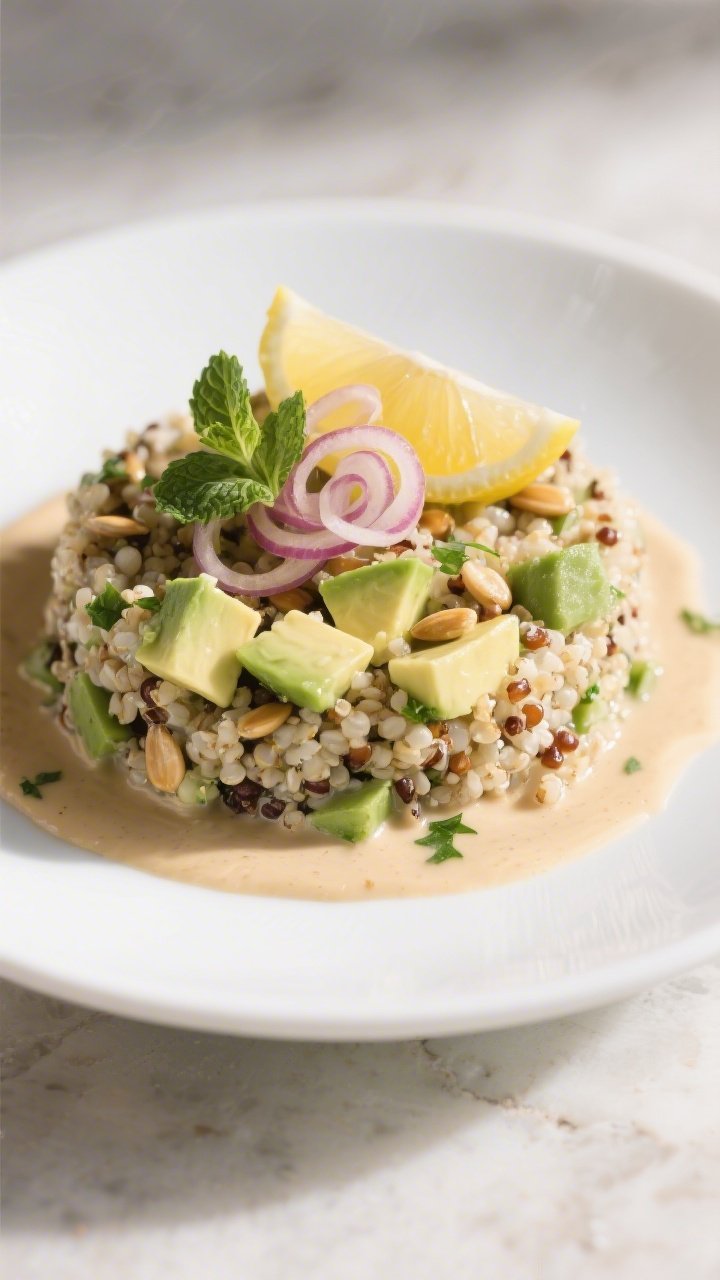 Final plated detail — Close-up of a single serving of quinoa salad plated restaurant-style: neat m
