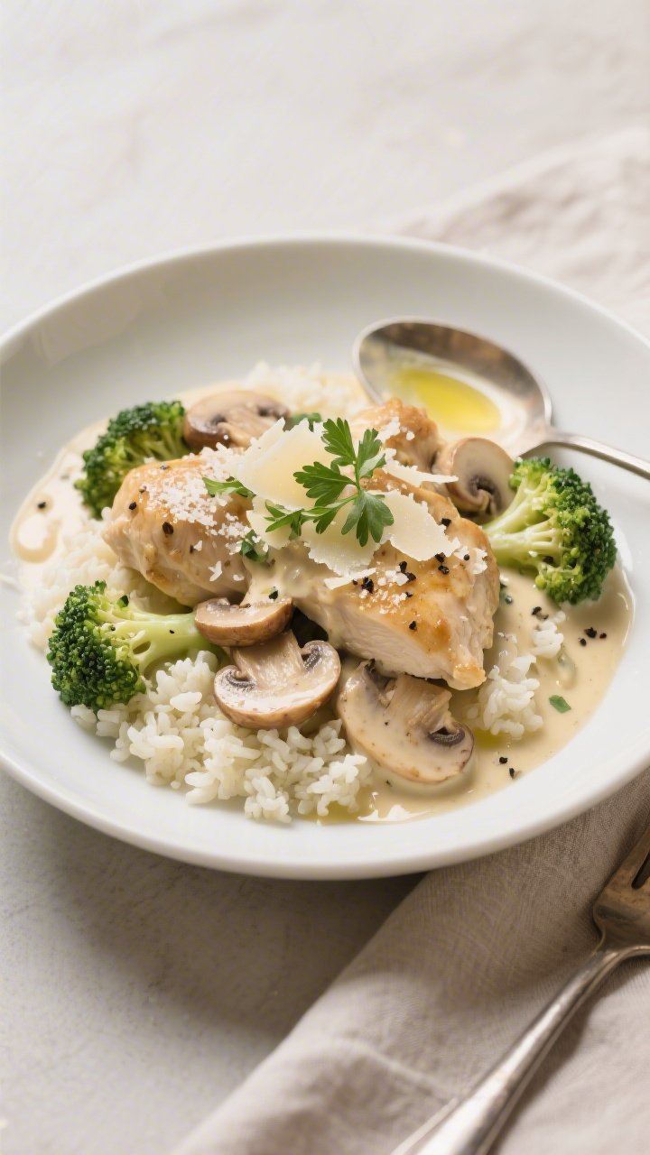 Final plated dish, : Beautifully plated creamy keto chicken skillet served in a wide, shallow white 