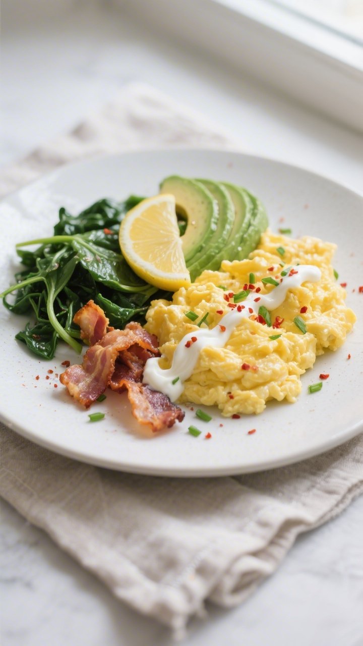 Final plated dish beauty shot: A composed keto breakfast plate with fluffy scrambled eggs and sauté