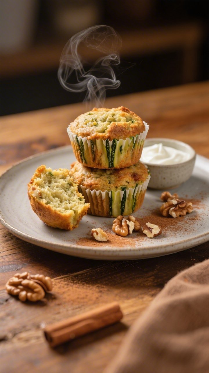 Final presentation: Beautifully plated zucchini muffins stacked on a matte ceramic plate with a few 