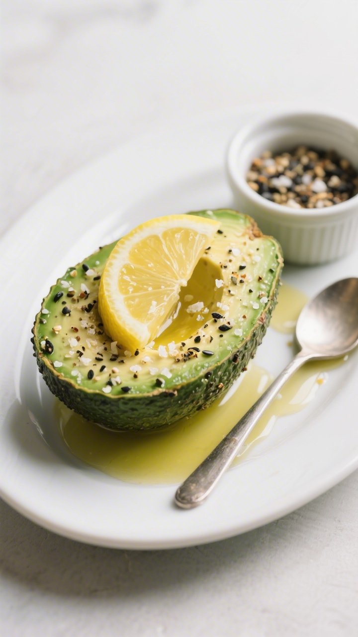 Overhead final dish: Avocado boats with everything bagel seasoning, drizzled olive oil pooling in th
