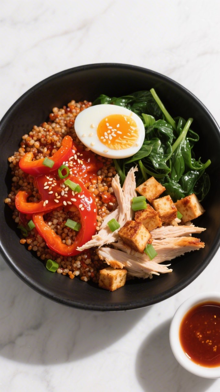 Overhead tasty top view, vibrant bowl: Spicy Honey-Gochujang Quinoa Bowl arranged in a matte black b