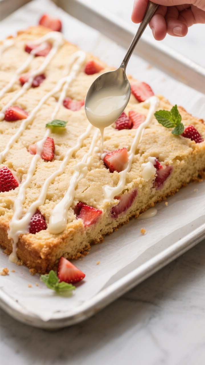 Process action shot: Strawberry Snack Cake just out of the pan on parchment, overhead perspective as