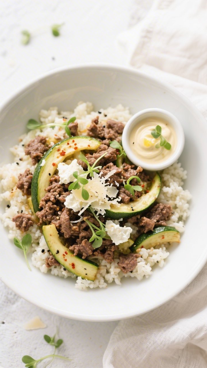 Tasty top view, final dish: Beef and zucchini skillet bowl served over cauliflower rice—crumbled g