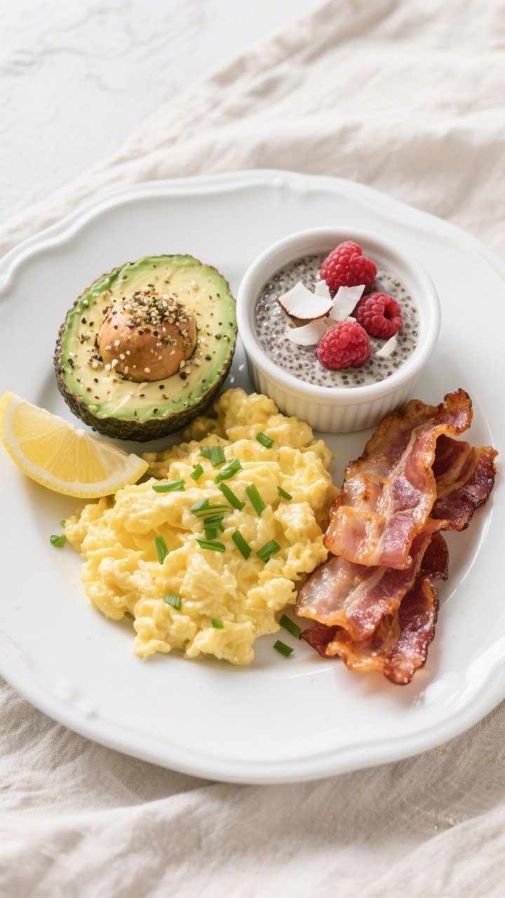 Tasty top view final plate: Overhead shot of a balanced keto breakfast plate—soft-scrambled eggs w
