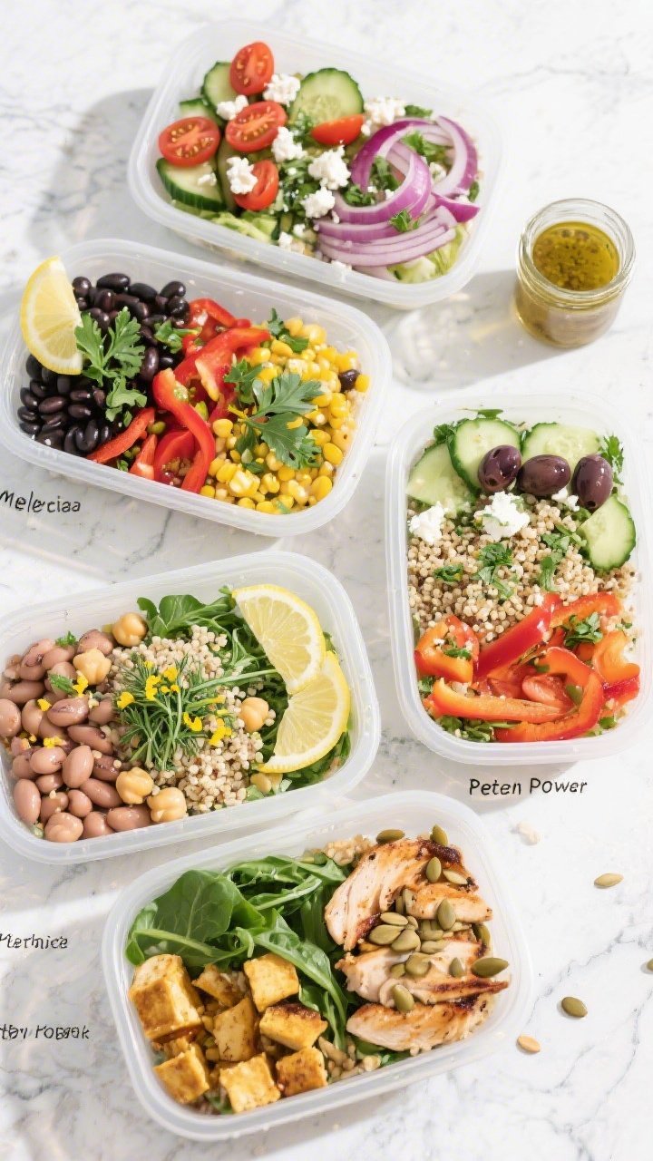 Tasty top view, meal-prep variety: Overhead shot of five meal-prep containers filled with quinoa sal