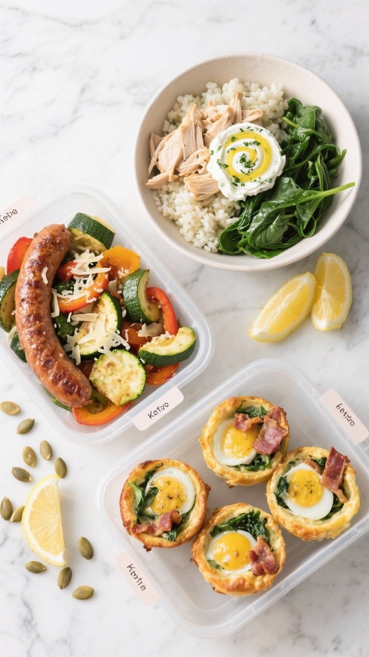 Tasty top view, meal-prep variety: Overhead shot of a keto meal-prep layout featuring three finished