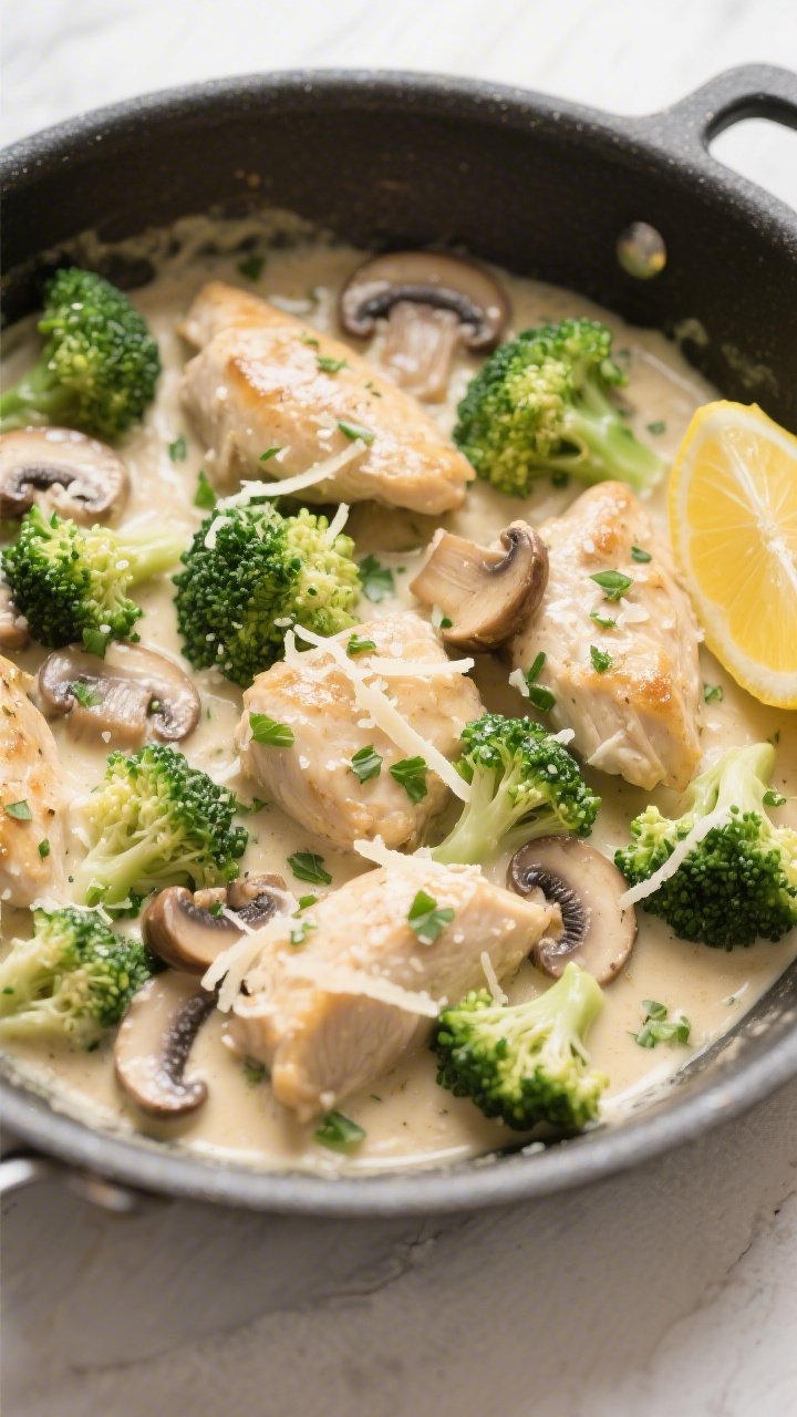 Tasty top view, overhead: One-pan creamy garlic-Parmesan chicken with broccoli and mushrooms simmeri