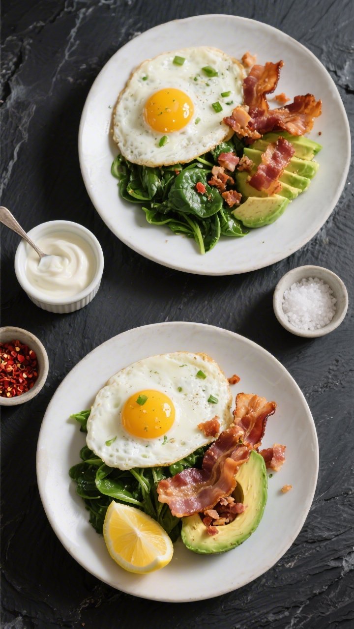 Tasty top-view overhead: Overhead shot of the complete keto breakfast arranged on a dark slate surfa