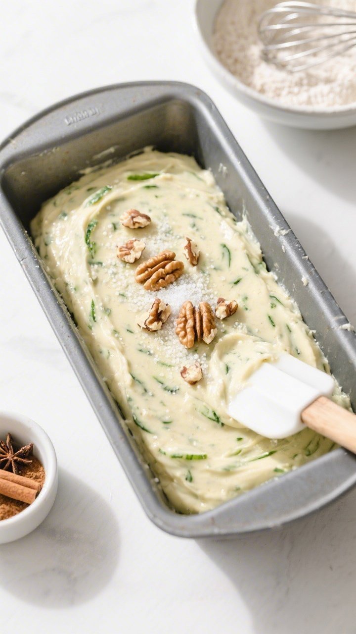 Tasty top view: Overhead shot of a 9x5-inch loaf pan filled with smooth, speckled zucchini bread bat