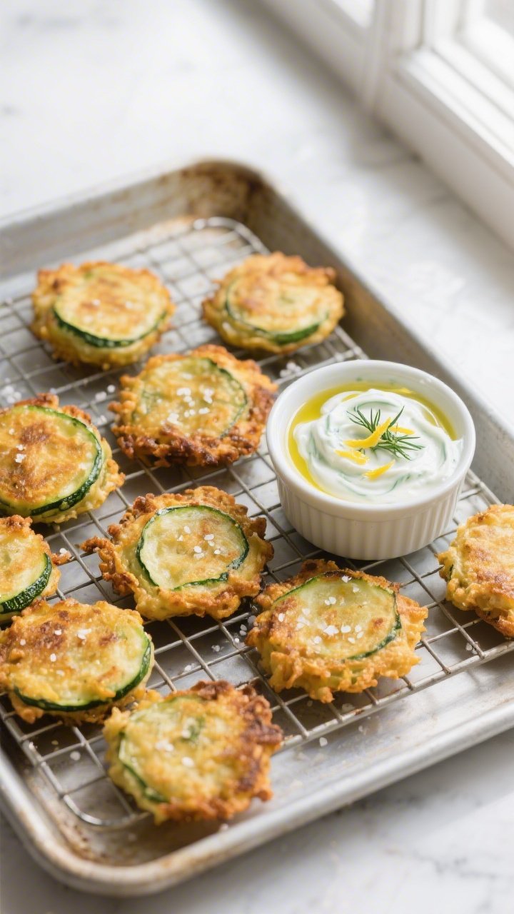 Tasty top view: Overhead shot of a batch of zucchini fritters resting on a wire rack over a sheet pa