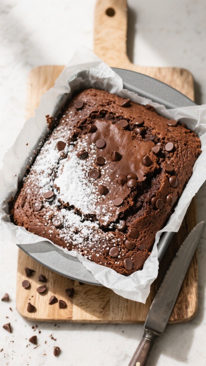 Tasty top view: Overhead shot of a Chocolate Sour Cream Snacking Cake just cooled and lifted from th