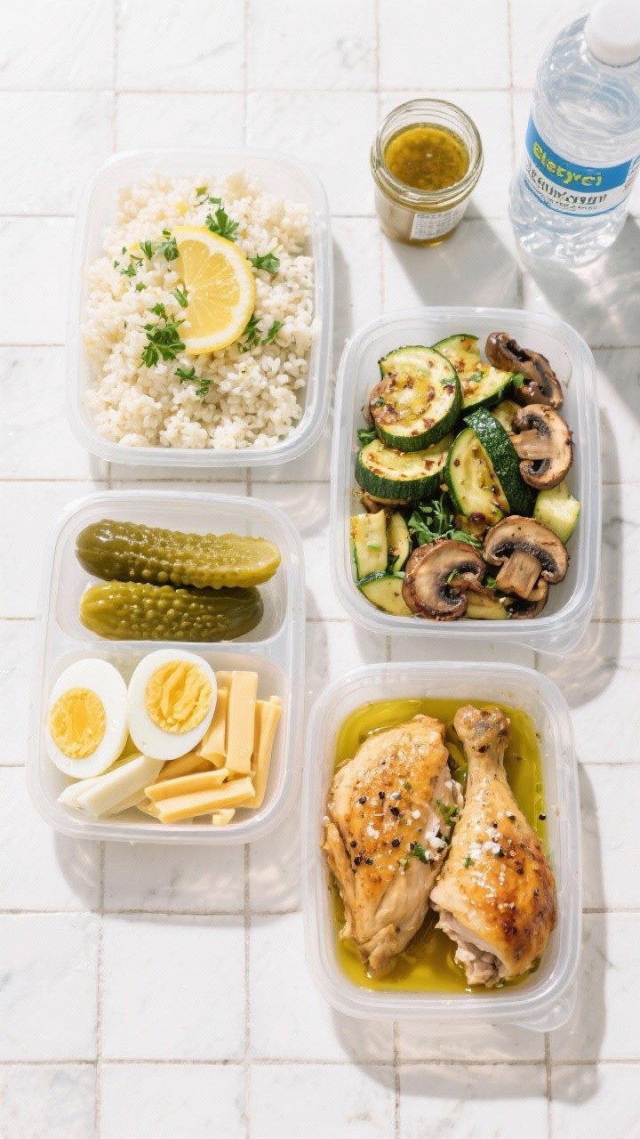 Tasty top view: Overhead shot of a keto meal-prep quartet—individual containers with (a) fluffy ca
