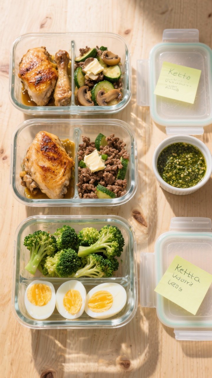 Tasty top view: Overhead shot of a keto meal-prep spread—neat glass containers with cooked compone