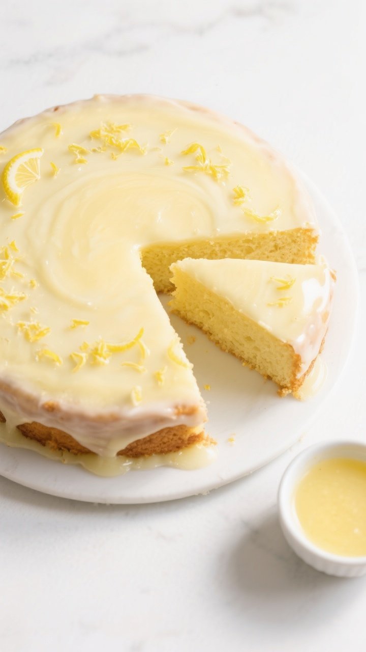 Tasty top view: Overhead shot of a Lemon variation snack cake in an 8-inch round, glazed to a glossy