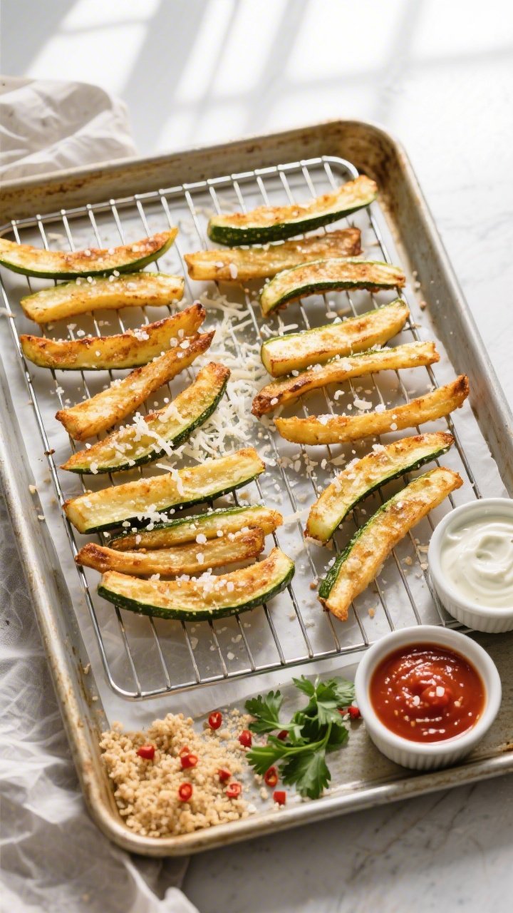 Tasty top view: Overhead shot of a sheet pan set with a wire rack holding evenly spaced baked zucchi