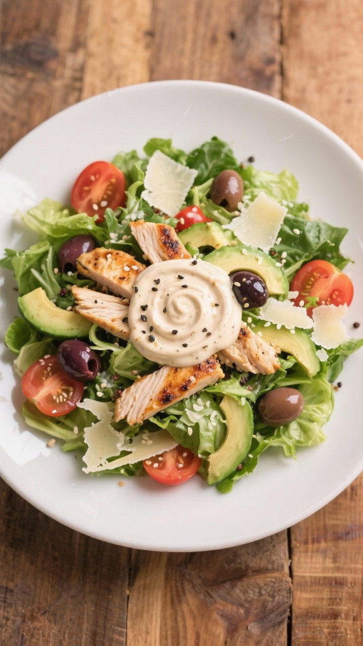 Tasty top view: Overhead shot of a substantial lazy keto salad — mixed leafy greens topped with gr