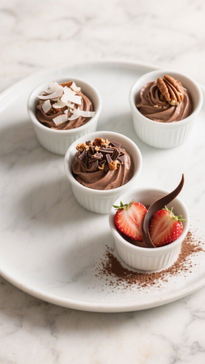 Tasty top view: Overhead shot of final plated keto chocolate mousse trio in small white ceramic cups