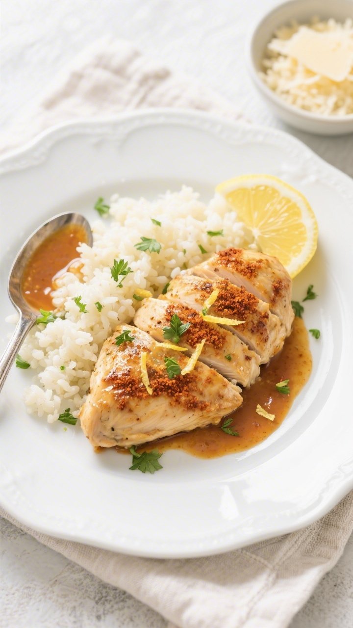 Tasty top view: Overhead shot of keto chicken plated over cauliflower rice, sauce spooned generously