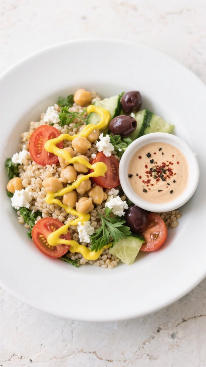 Tasty top view: Overhead shot of Mediterranean grain bowls—quinoa base topped with lemony chickpea