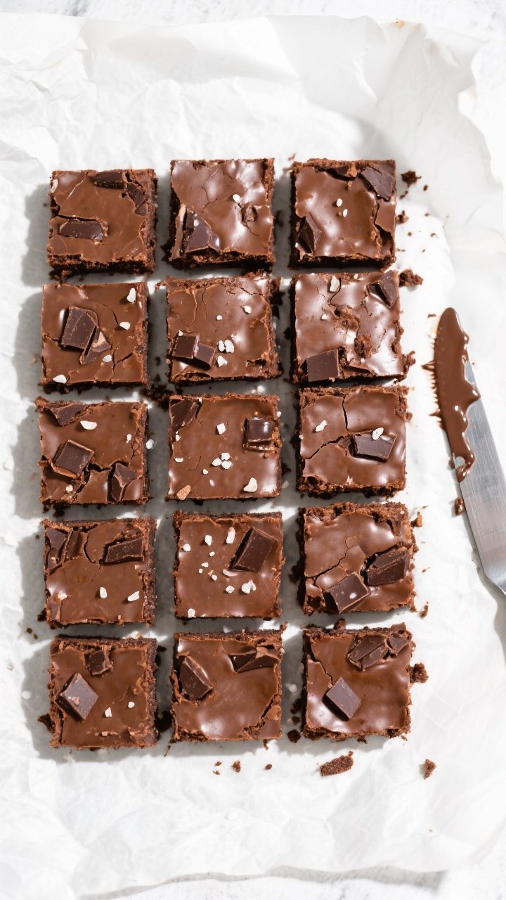 Tasty top view: Overhead shot of neatly sliced brownie squares (16 pieces) arranged slightly spaced 