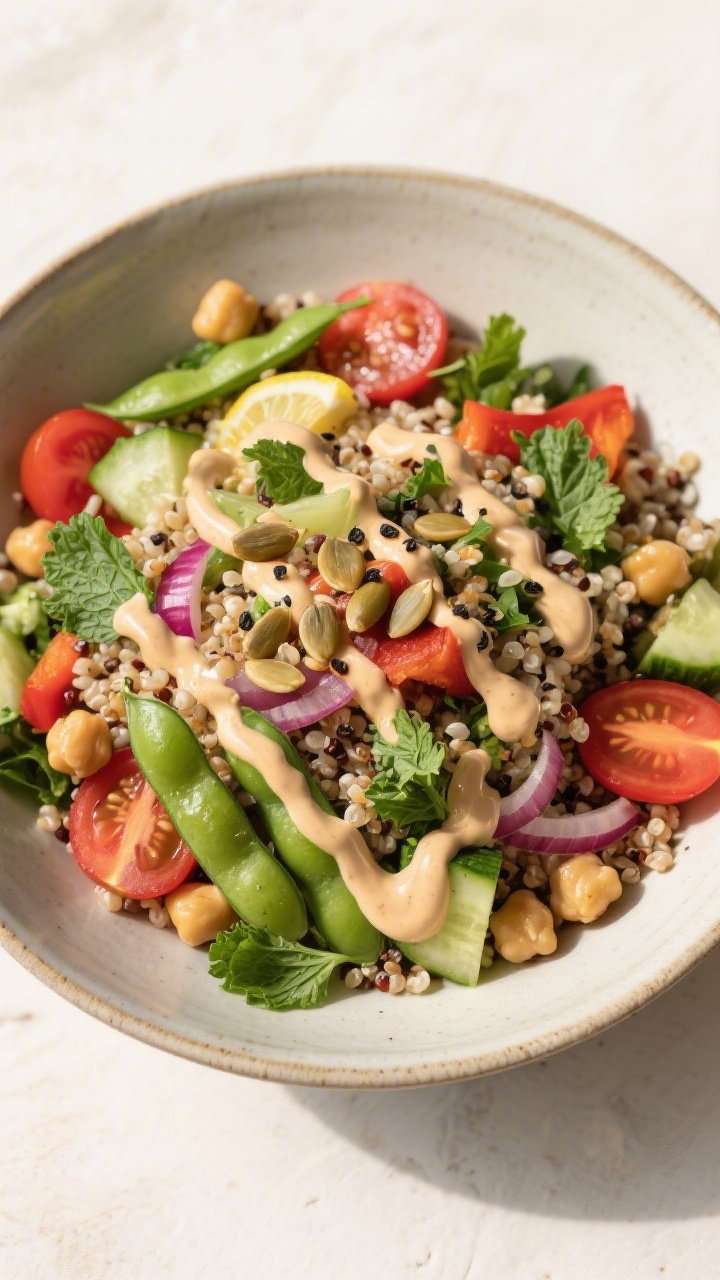Tasty top view — Overhead shot of the assembled Glow-Up Quinoa Salad in a wide, shallow ceramic bo