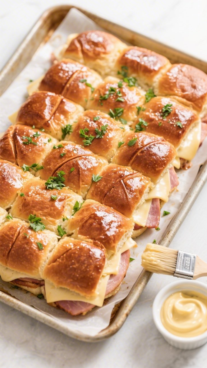 Tasty top view: Overhead shot of the full slab of baked ham and Swiss sliders on a parchment-lined 9
