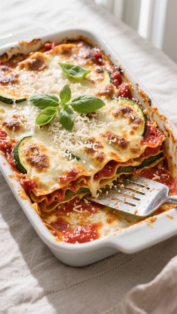 Tasty top view: Overhead shot of the zucchini lasagna just out of the oven in a 9x13 dish, cheese mo